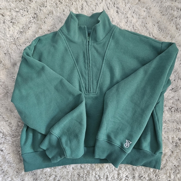 Victoria's Secret Sweaters - VICTORIA'S SECRET Green Knit Half-Zip Mock-Neck Pullover Sweater Size XL Cropped